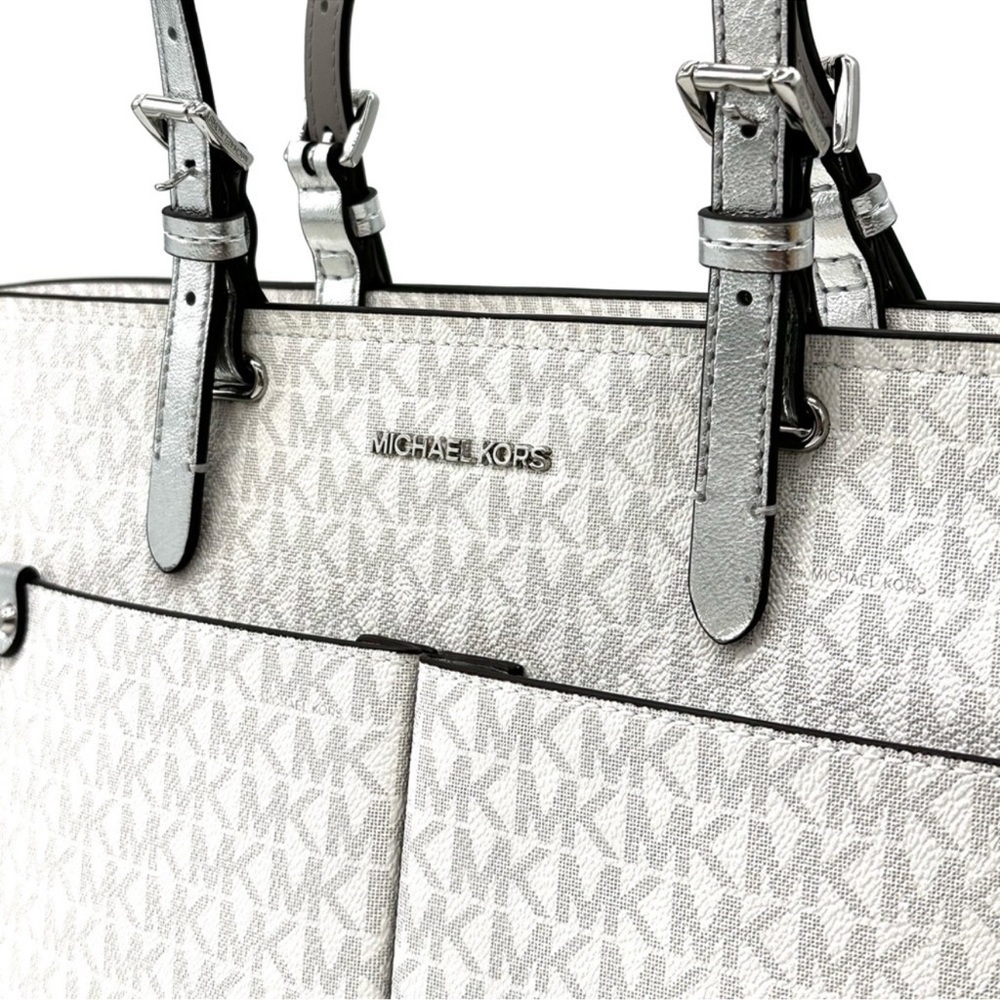 Michael Kors Jet Set Medium Logo Pocket Tote Bag Vanilla/Grey - Picture 11 of 13